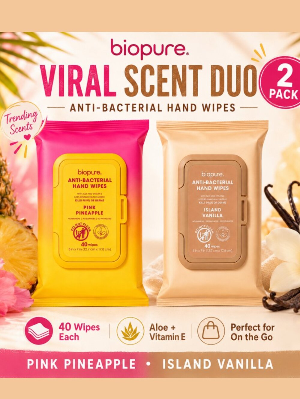 Biopure Pink Pineapple & Island Vanilla Antibacterial Hand Wipes Set NWT